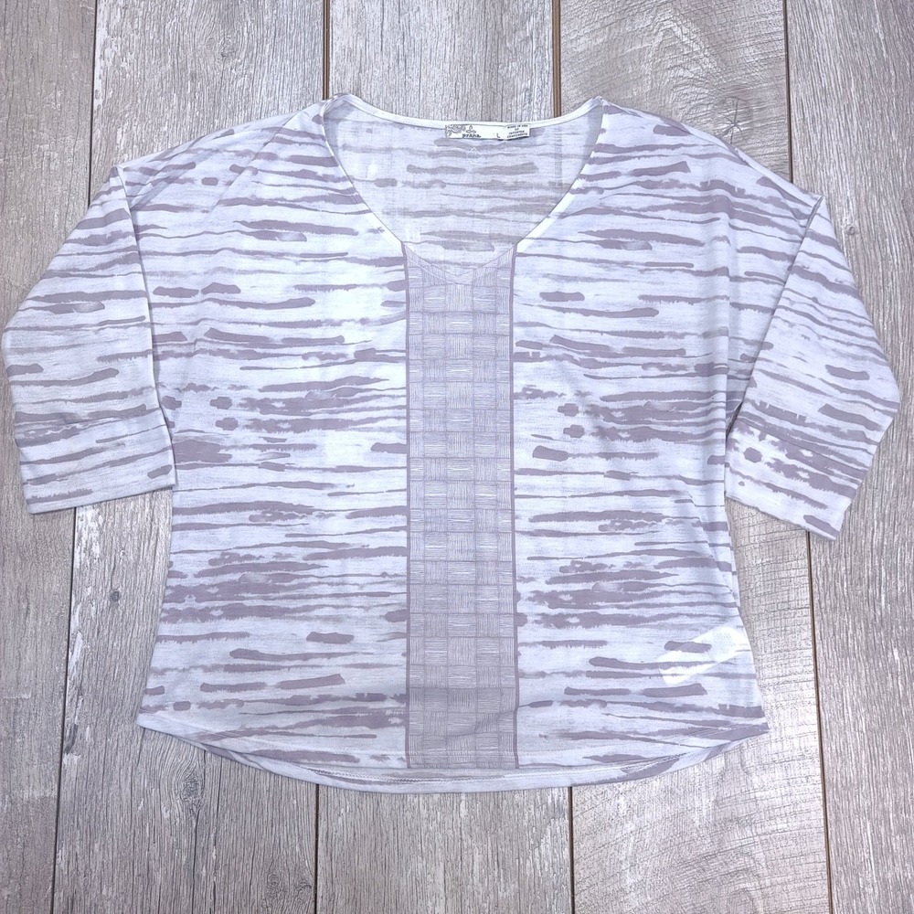 Prana Alea Top Women Large Purple White Striped V-Neck 3/4 Sleeve W2ALEA116